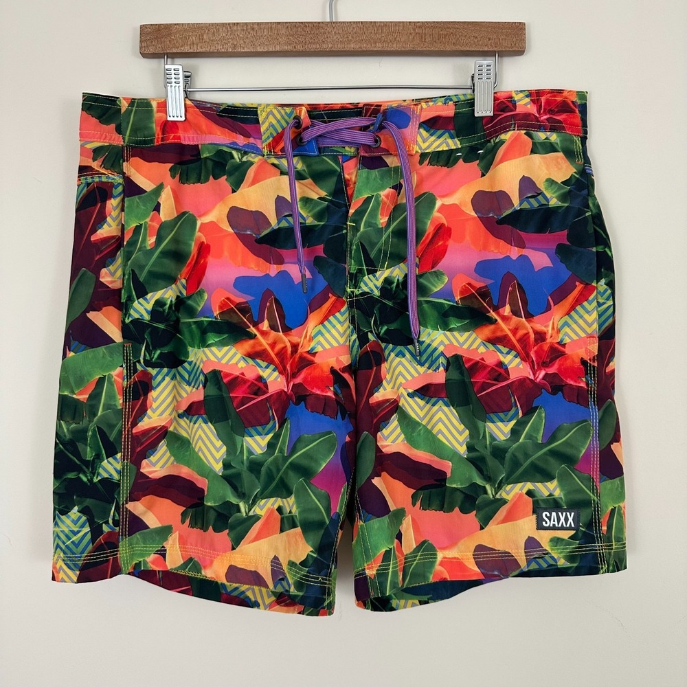 Saxx Betawave 2-In-1 Board Shorts Multicolor Tropical Ballpark Pouch Lined 34